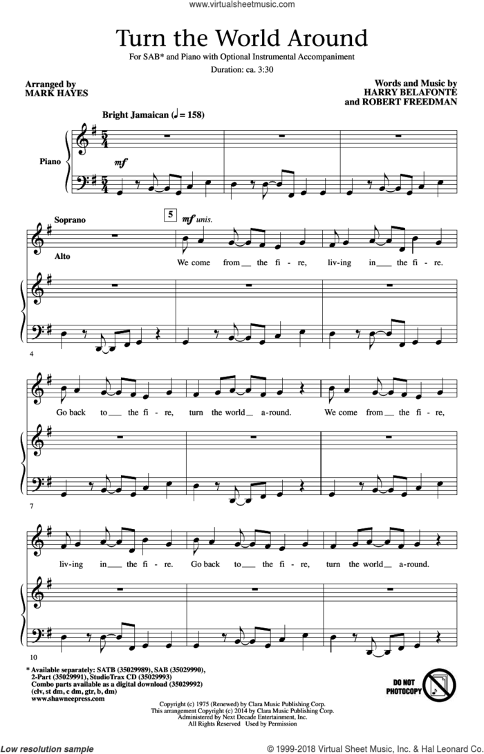 Turn The World Around sheet music for choir (SAB: soprano, alto, bass) by Harry Belafonte, Mark Hayes and Robert Freedman, intermediate skill level