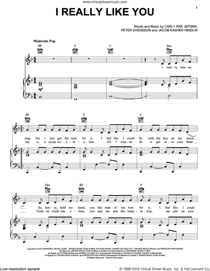 I Really Like You sheet music for voice, piano or guitar by Carly Rae Jepsen, Jacob Kasher, Max Martin and Peter Svensson, intermediate skill level