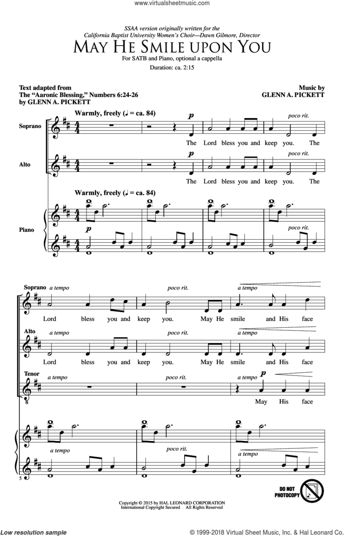May He Smile Upon You sheet music for choir (SATB: soprano, alto, tenor, bass) by Glenn Pickett, intermediate skill level