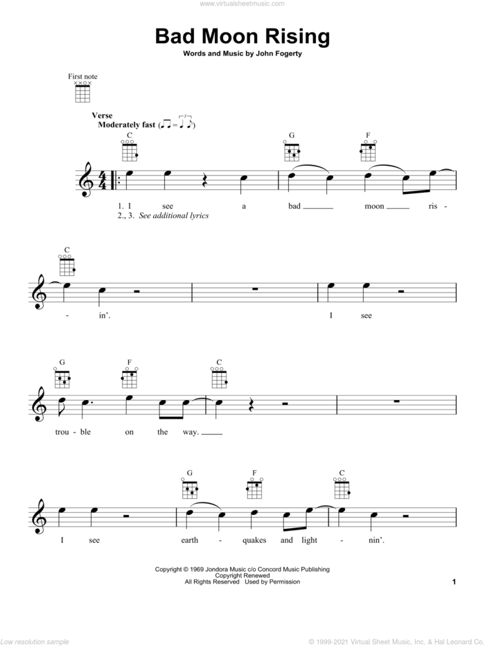 Bad Moon Rising sheet music for ukulele by Creedence Clearwater Revival and John Fogerty, intermediate skill level