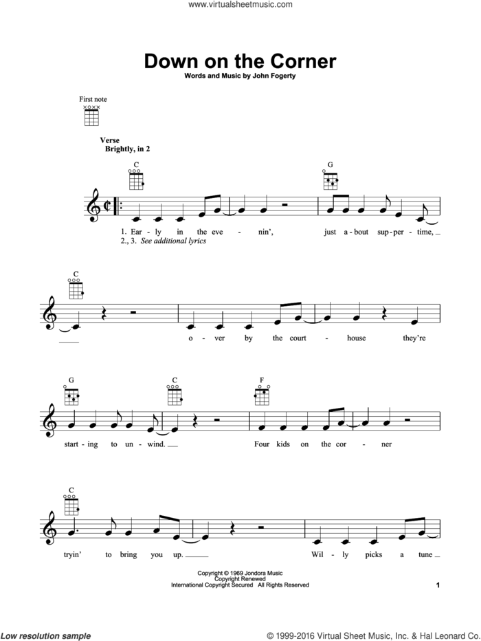 Down On The Corner sheet music for ukulele by Creedence Clearwater Revival and John Fogerty, intermediate skill level