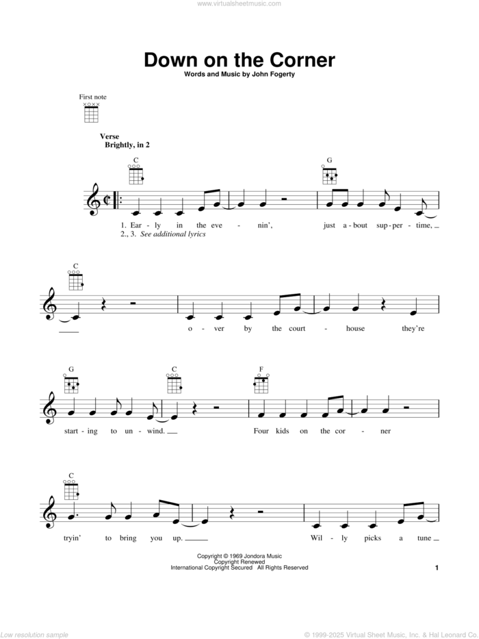 Down On The Corner sheet music for ukulele by Creedence Clearwater Revival and John Fogerty, intermediate skill level