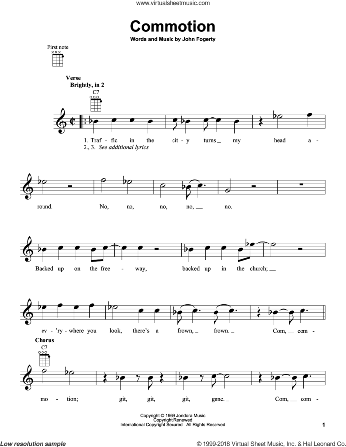 Commotion sheet music for ukulele by Creedence Clearwater Revival and John Fogerty, intermediate skill level