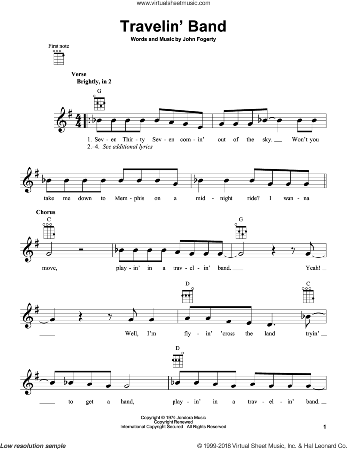 Travelin' Band sheet music for ukulele by Creedence Clearwater Revival and John Fogerty, intermediate skill level