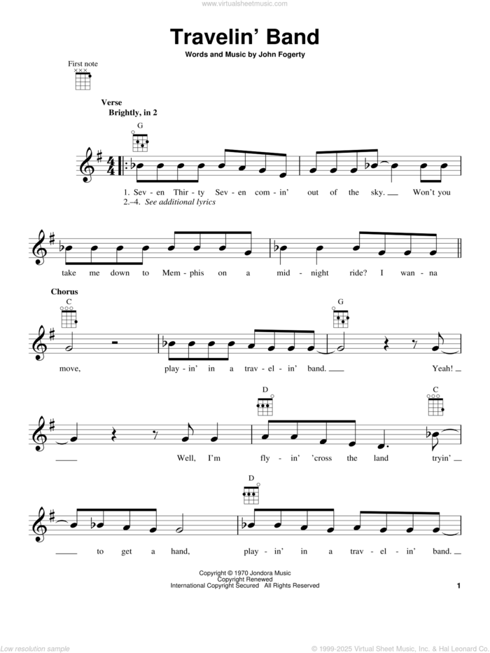 Travelin' Band sheet music for ukulele by Creedence Clearwater Revival and John Fogerty, intermediate skill level