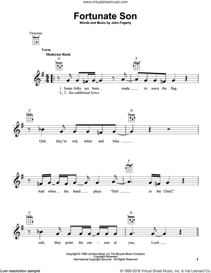 Fortunate Son sheet music for ukulele by Creedence Clearwater Revival and John Fogerty, intermediate skill level
