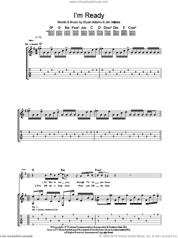 I'm Ready sheet music for guitar (tablature) by Bryan Adams and Jim Vallance, intermediate skill level