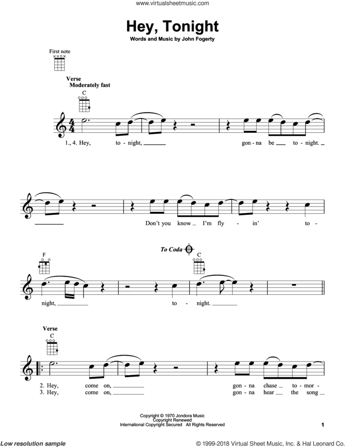 Hey, Tonight sheet music for ukulele by Creedence Clearwater Revival and John Fogerty, intermediate skill level