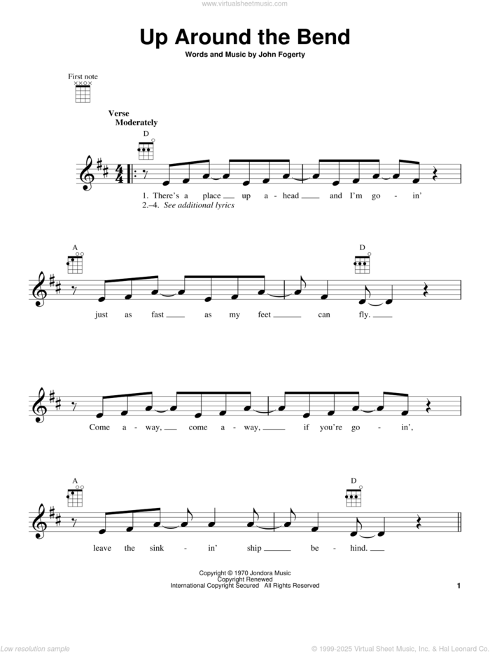 Up Around The Bend sheet music for ukulele by Creedence Clearwater Revival and John Fogerty, intermediate skill level