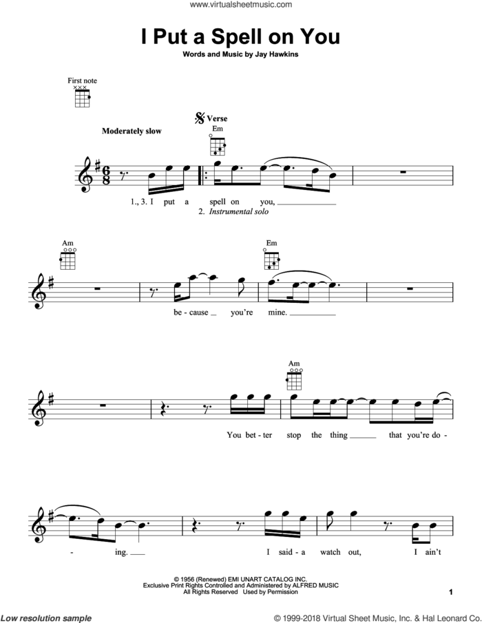 I Put A Spell On You sheet music for ukulele by Creedence Clearwater Revival and Jay Hawkins, intermediate skill level