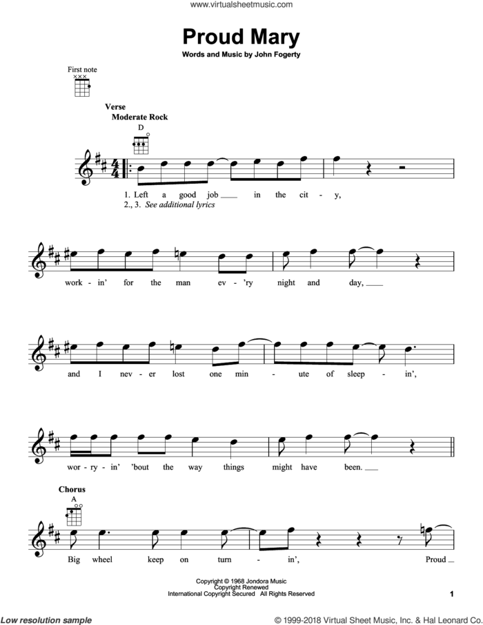Proud Mary sheet music for ukulele by Creedence Clearwater Revival, Ike & Tina Turner and John Fogerty, intermediate skill level