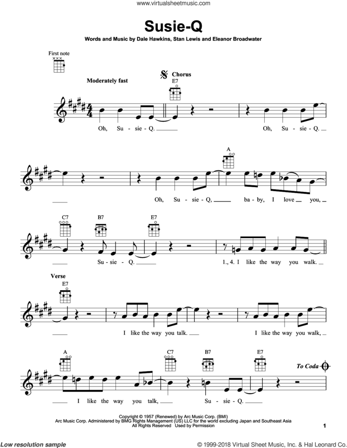 Susie-Q sheet music for ukulele by Creedence Clearwater Revival, Dale Hawkins, Eleanor Broadwater and Stan Lewis, intermediate skill level