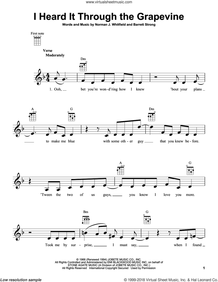 I Heard It Through The Grapevine sheet music for ukulele by Creedence Clearwater Revival, Gladys Knight & The Pips, Marvin Gaye, Michael McDonald, Barrett Strong and Norman Whitfield, intermediate skill level