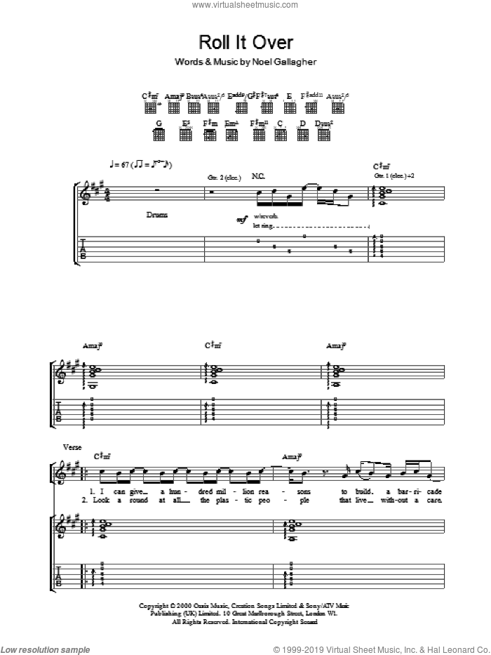 Roll It Over sheet music for guitar (tablature) by Oasis and Noel Gallagher, intermediate skill level