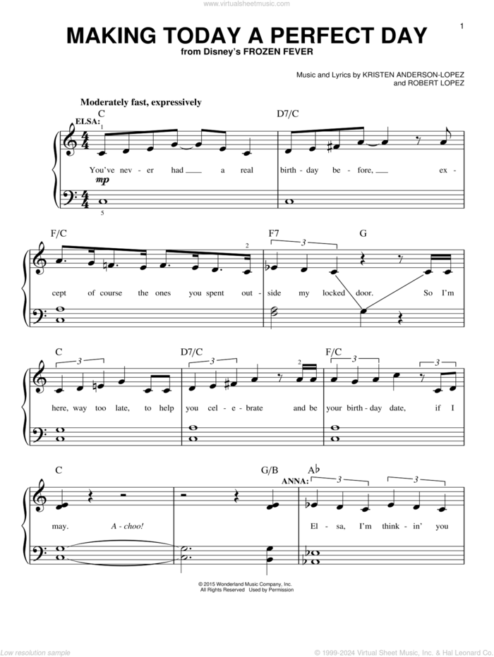 Making Today A Perfect Day (from Frozen Fever) sheet music for piano solo by Robert Lopez, Idina Menzel, Idina Menzel & Kristen Bell and Cast, Kristen Bell and Kristen Anderson-Lopez, easy skill level