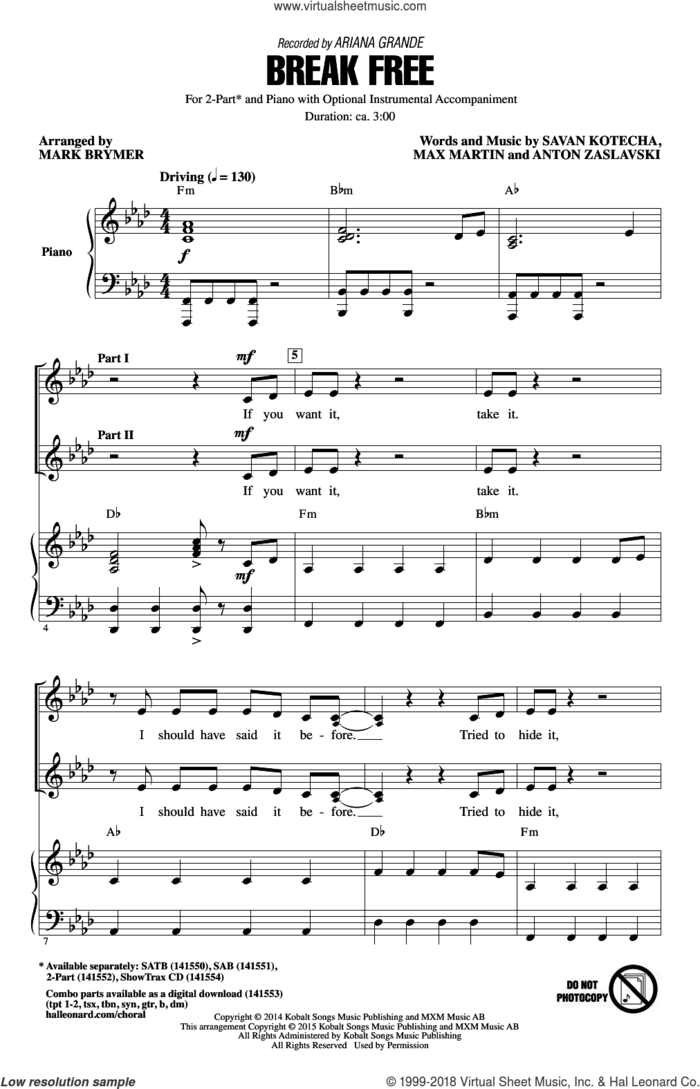 Break Free sheet music for choir (2-Part) by Max Martin, Mark Brymer, Ariana Grande, Ariana Grande feat. Zedd, Anton Zaslavski and Savan Kotecha, intermediate duet