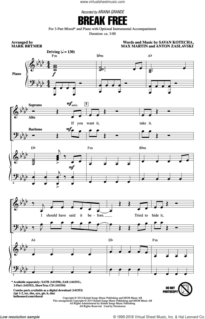 Break Free sheet music for choir (3-Part Mixed) by Max Martin, Mark Brymer, Ariana Grande, Ariana Grande feat. Zedd, Anton Zaslavski and Savan Kotecha, intermediate skill level
