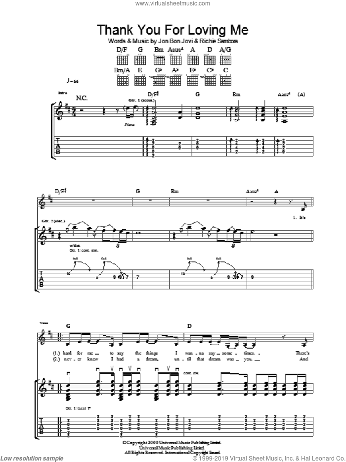 Thank You For Loving Me sheet music for guitar (tablature) by Bon Jovi and Richie Sambora, intermediate skill level