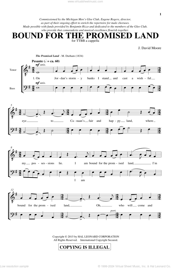 Bound For The Promised Land sheet music for choir (TTBB: tenor, bass) by J. David Moore, intermediate skill level