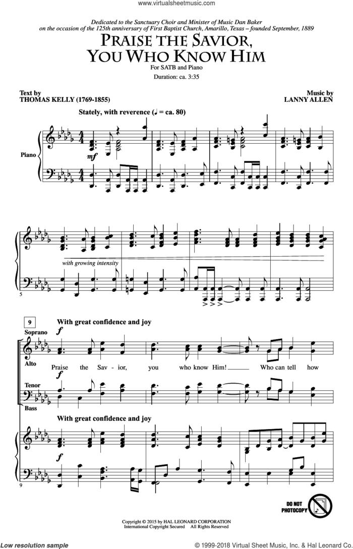 Praise The Savior, You Who Know Him sheet music for choir (SATB: soprano, alto, tenor, bass) by Lanny Allen and Thomas Kelly, intermediate skill level