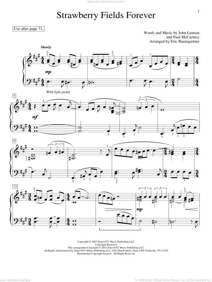 Strawberry Fields Forever sheet music for piano solo (elementary) by Paul McCartney, John Thompson, Eric Baumgartner, Glenda Austin, The Beatles and John Lennon, beginner piano (elementary)