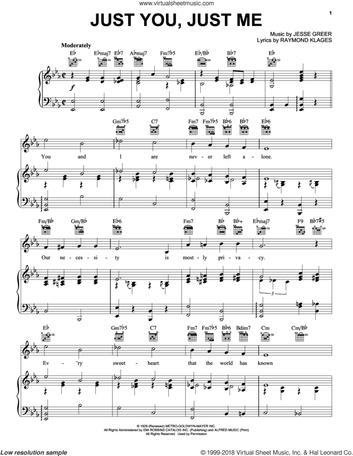 Just You, Just Me sheet music for voice, piano or guitar by Jesse Greer and Raymond Klages, intermediate skill level