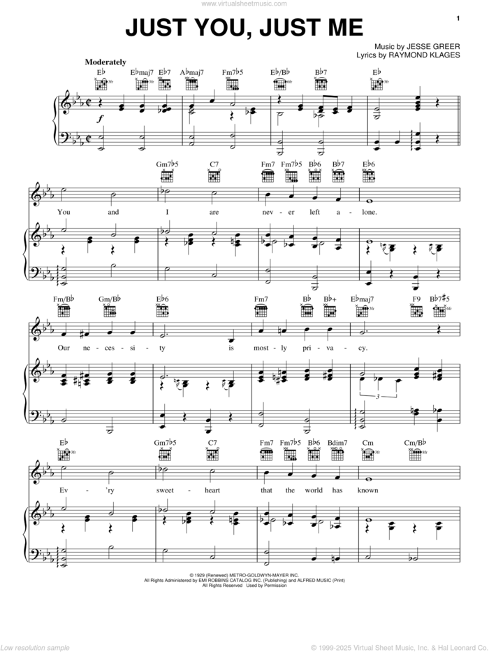 Just You, Just Me sheet music for voice, piano or guitar by Jesse Greer and Raymond Klages, intermediate skill level