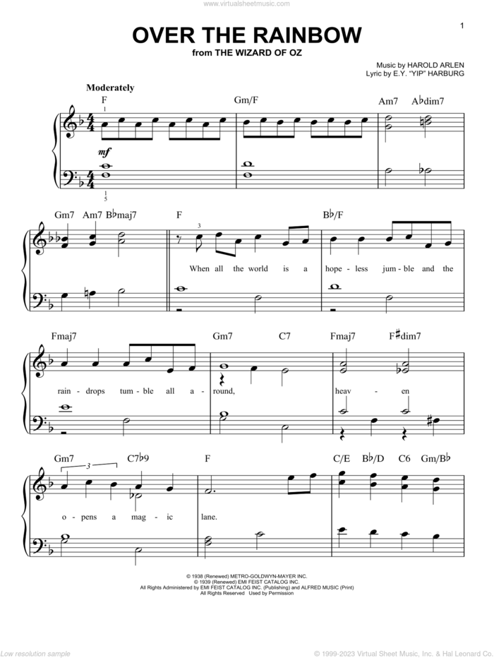 Over The Rainbow, (beginner) sheet music for piano solo by Harold Arlen and E.Y. Harburg, beginner skill level