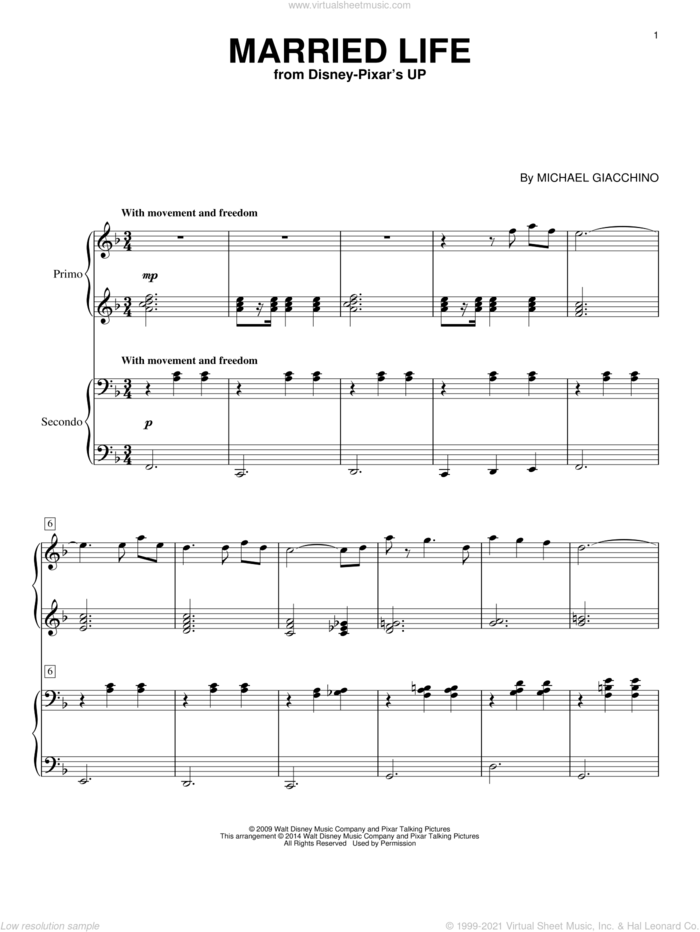 Married Life (from Up) sheet music for piano four hands by Michael Giacchino, intermediate skill level