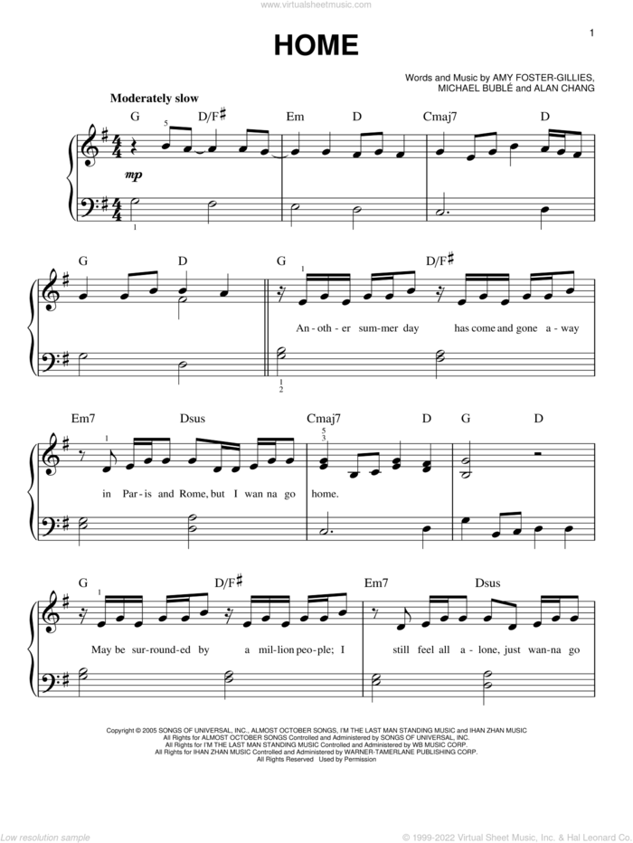Home, (beginner) sheet music for piano solo by Michael Buble, Blake Shelton, Westlife, Alan Chang and Amy Foster-Gillies, beginner skill level
