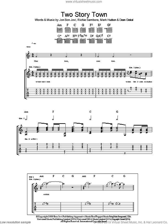Two Story Town sheet music for guitar (tablature) by Bon Jovi, Dean Grakal, Mark Hudson and Richie Sambora, intermediate skill level
