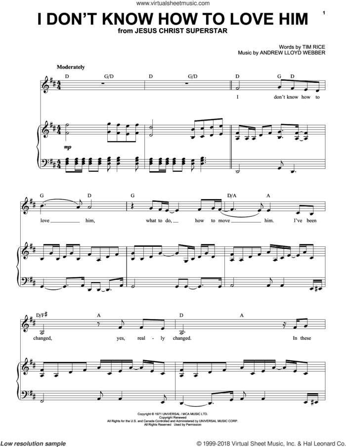 I Don't Know How To Love Him (from Jesus Christ Superstar) sheet music for voice and piano by Andrew Lloyd Webber, Helen Reddy and Tim Rice, intermediate skill level