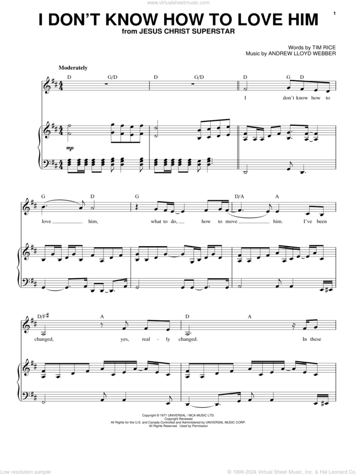 I Don't Know How To Love Him (from Jesus Christ Superstar) sheet music for voice and piano by Andrew Lloyd Webber, Helen Reddy and Tim Rice, intermediate skill level