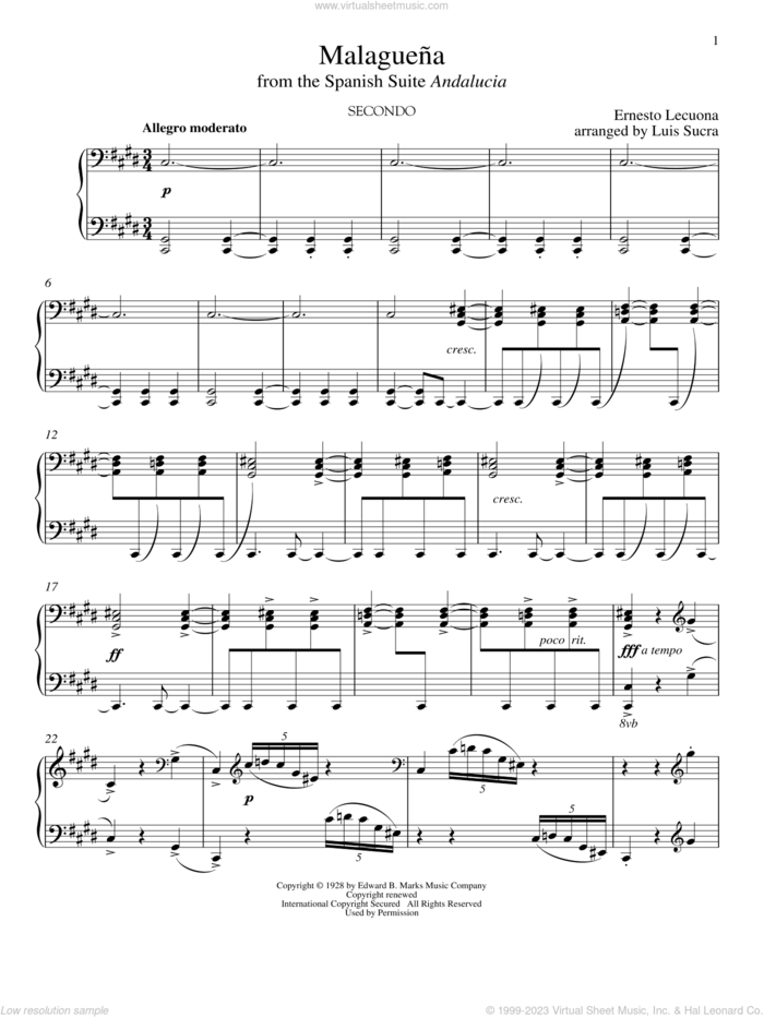 Malaguena sheet music for piano four hands by Ernesto Lecuona and Marian Banks, intermediate skill level
