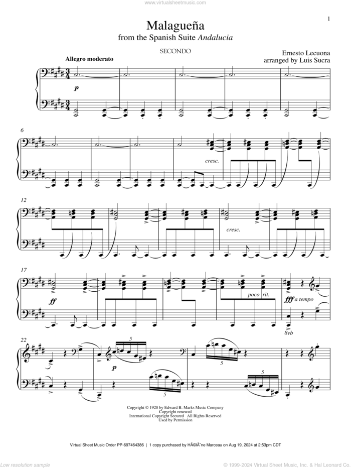 Malaguena sheet music for piano four hands by Ernesto Lecuona and Marian Banks, intermediate skill level