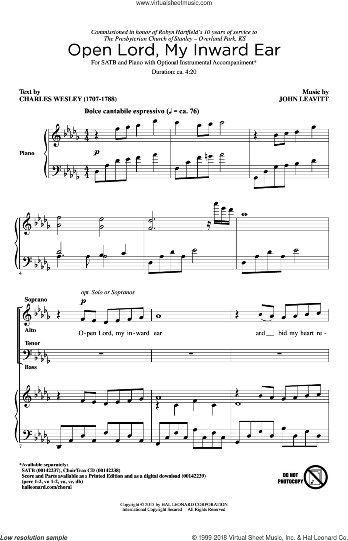 Open Lord, My Inward Ear sheet music for choir (SATB: soprano, alto, tenor, bass) by John Leavitt and Charles Wesley, intermediate skill level