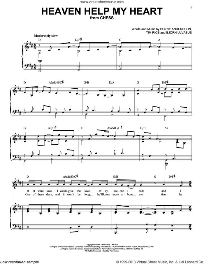 Heaven Help My Heart (from Chess) sheet music for voice and piano by Benny Andersson, Bjorn Ulvaeus and Tim Rice, intermediate skill level
