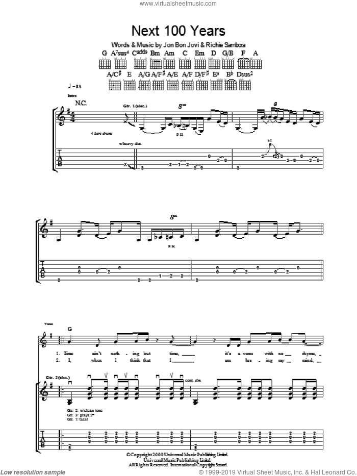 Next 100 Years sheet music for guitar (tablature) by Bon Jovi and Richie Sambora, intermediate skill level