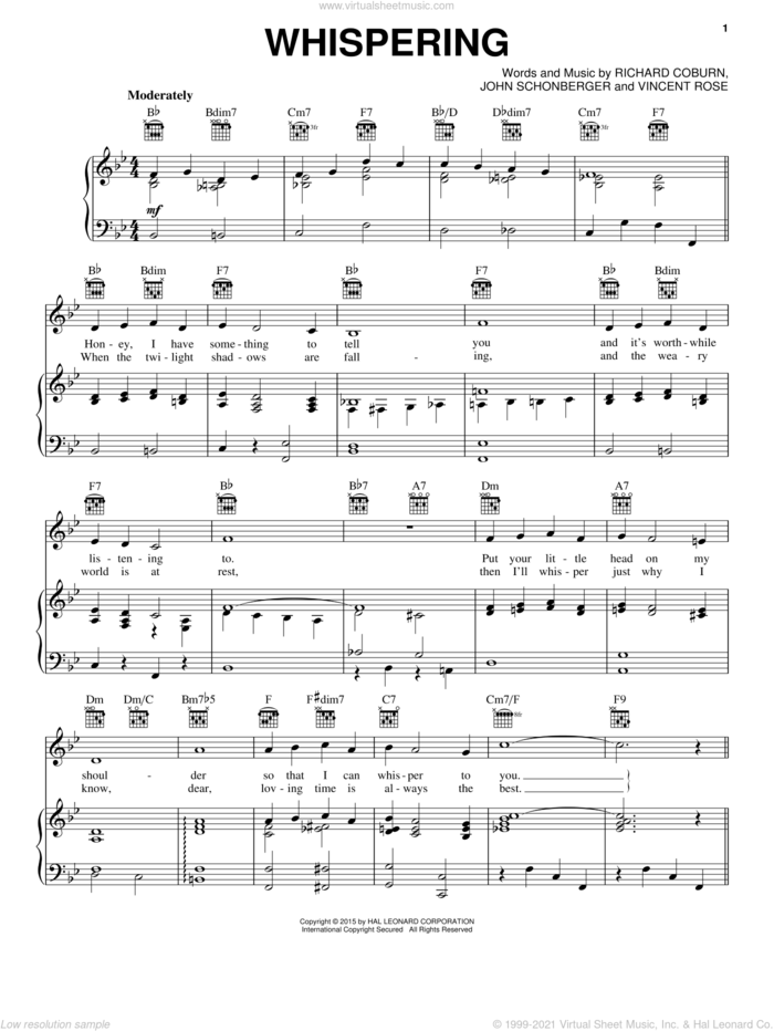 Whispering sheet music for voice, piano or guitar by John Schonberger, Richard Coburn and Vincent Rose, intermediate skill level