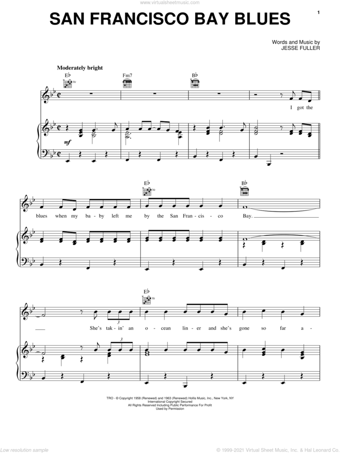 San Francisco Bay Blues sheet music for voice, piano or guitar by Eric Clapton and Jesse Fuller, intermediate skill level