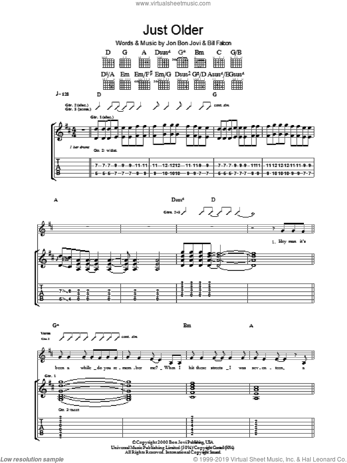 Just Older sheet music for guitar (tablature) by Bon Jovi and Billy Falcon, intermediate skill level