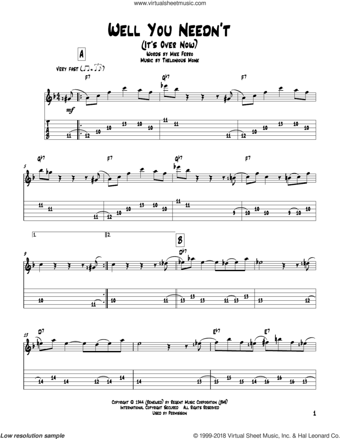 Well You Needn't (It's Over Now) sheet music for guitar solo by Thelonious Monk and Mike Ferro, intermediate skill level