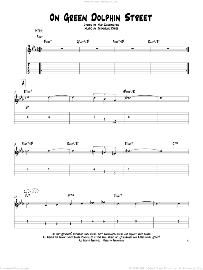 On Green Dolphin Street sheet music for guitar solo by Bronislau Kaper, Miles Davis and Ned Washington, intermediate skill level