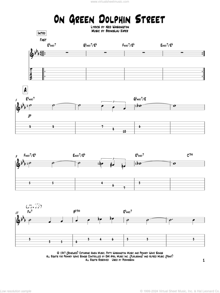 On Green Dolphin Street sheet music for guitar solo by Bronislau Kaper, Miles Davis and Ned Washington, intermediate skill level