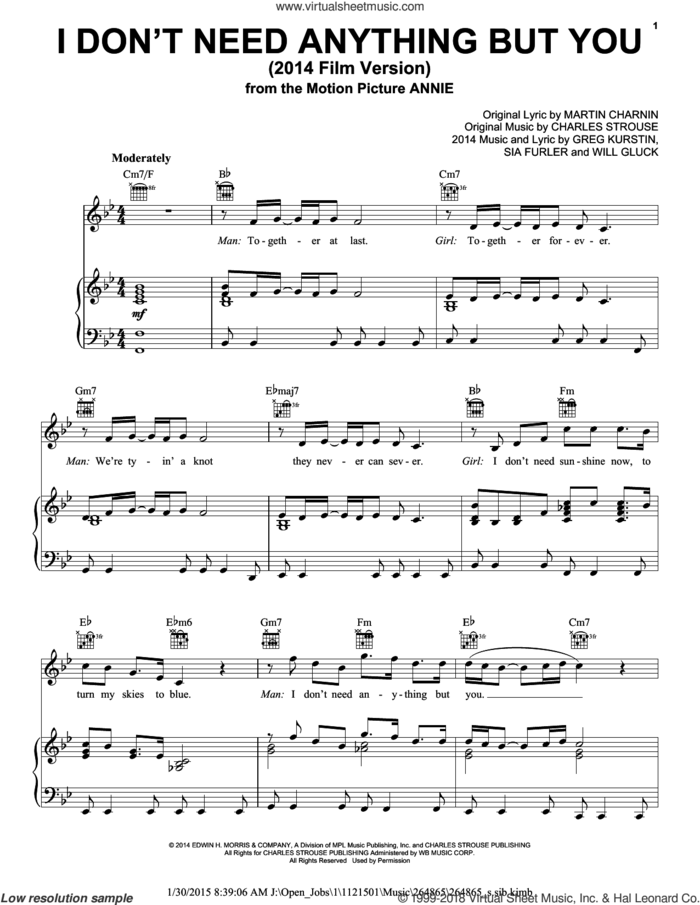 I Don't Need Anything But You (2014 Film Version) sheet music for voice, piano or guitar by Charles Strouse, Christoph Willibald Gluck, Greg Kurstin, Martin Charnin and Sia Furler, intermediate skill level