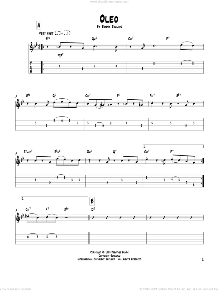 Oleo sheet music for guitar solo by John Coltrane and Sonny Rollins, intermediate skill level