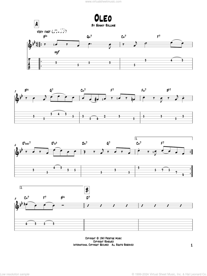 Oleo sheet music for guitar solo by John Coltrane and Sonny Rollins, intermediate skill level