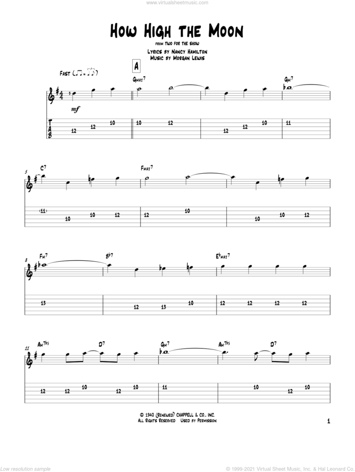 How High The Moon sheet music for guitar solo by Les Paul & Mary Ford, Morgan Lewis and Nancy Hamilton, intermediate skill level