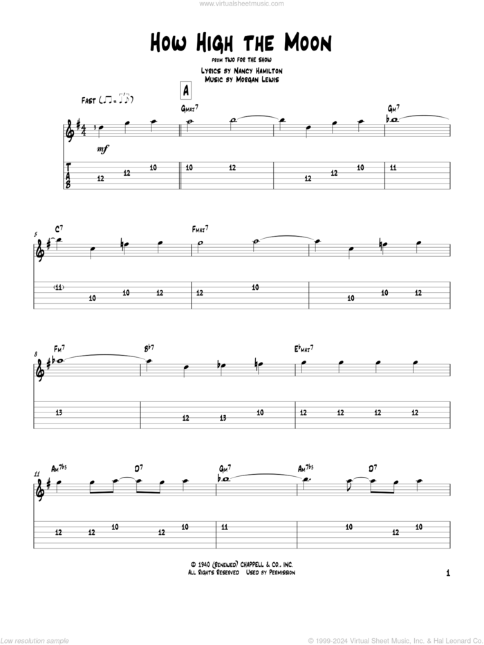 How High The Moon sheet music for guitar solo by Les Paul & Mary Ford, Morgan Lewis and Nancy Hamilton, intermediate skill level