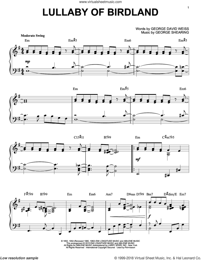 Lullaby Of Birdland [Jazz version] (arr. Brent Edstrom) sheet music for piano solo by George Shearing, Ella Fitzgerald and George David Weiss, intermediate skill level